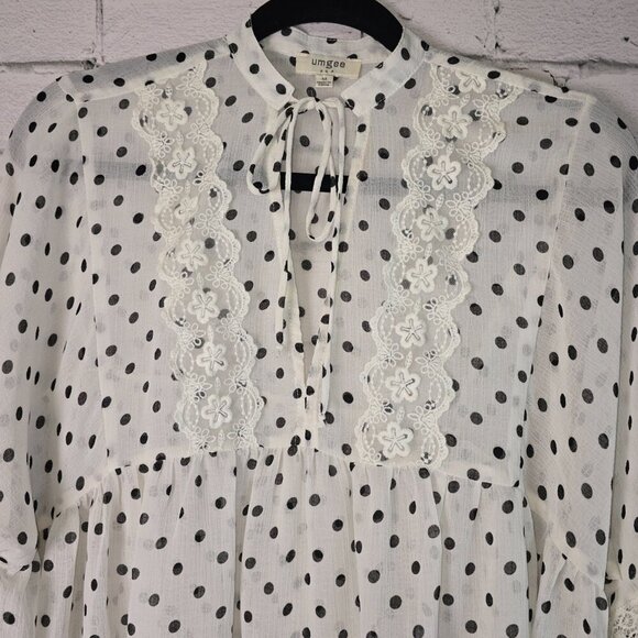 UMGEE SHEER POLKA DOT BLOUSE WOMEN'S LACE BOHO FLOWY LONG SLEEVE MEDIUM - Picture 3 of 6